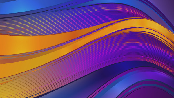 An abstract digital illustration featuring flowing, wave-like ribbons in shades of vibrant orange, deep purple, and royal blue, layered with fine gold and purple pinstripes.