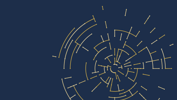 A circular phylogenetic tree diagram rendered in gold on a dark navy background, showing branching evolutionary relationships radiating outward from a central point.