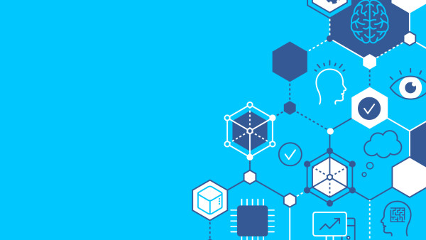 A digital illustration depicting an interconnected network of hexagonal icons representing artificial intelligence and technology concepts, including a brain, human head silhouette, eye, microchip, data cube, cloud, analytics chart, and maze head, connected by dotted lines on a bright blue background.