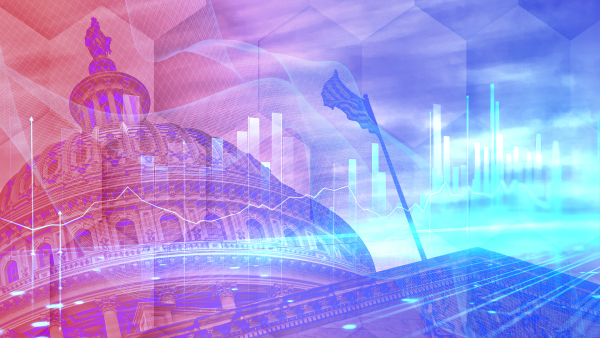 Futuristic holographic display with architectural structures in pink and blue gradient tones