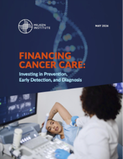 Report cover showing hands in medical gloves handling laboratory equipment with title "Financing Cancer Care"