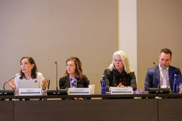 Four panelists seated at a conference table with microphones and name plates