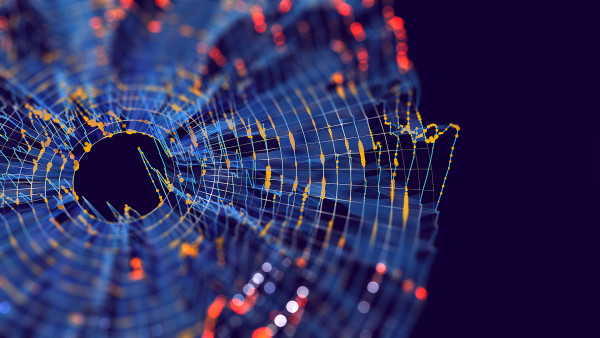 Digital network visualization with glowing blue concentric circles and orange data nodes on dark background