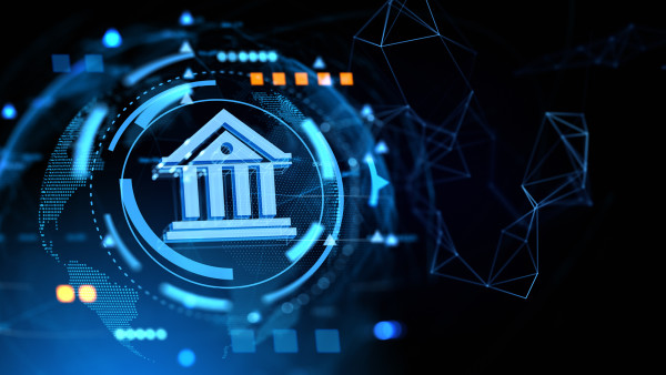 Digital banking icon with glowing blue holographic interface and circuit elements
