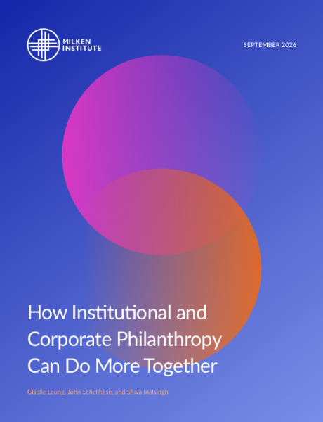 White paper cover with gradient purple and orange circles on blue background, Gates Foundation logo