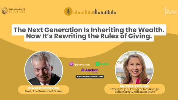 Two professionals discuss next-generation wealth transfer and charitable giving on yellow branded background
