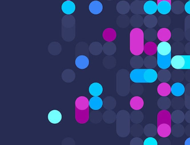 abstract image with navy blue background and colorful dots on the right