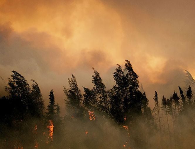 A wildfire burns strongly with wind and smoke