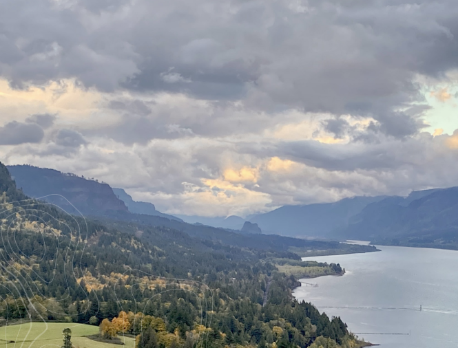 An aerial view of mountains and trees alongside a lake