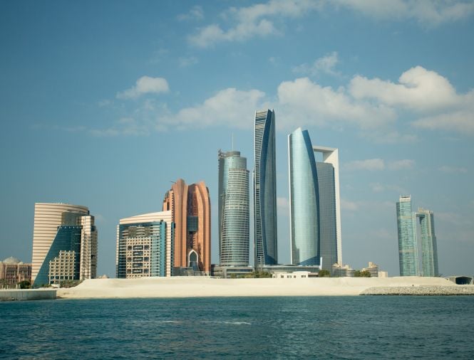 An aerial view of buildings in Abu Dhabi