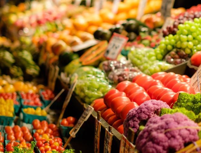 Rows of fresh produce at a market