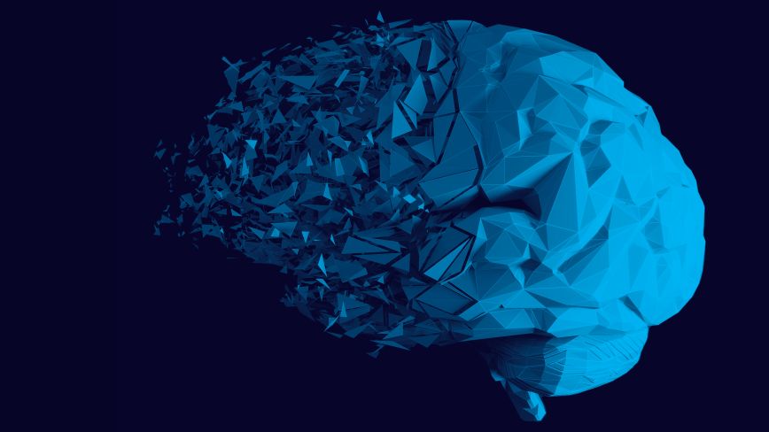 Abstract blue polygonal illustration of a human brain, with the left side breaking apart into scattered geometric fragments, symbolizing memory loss and degeneration.