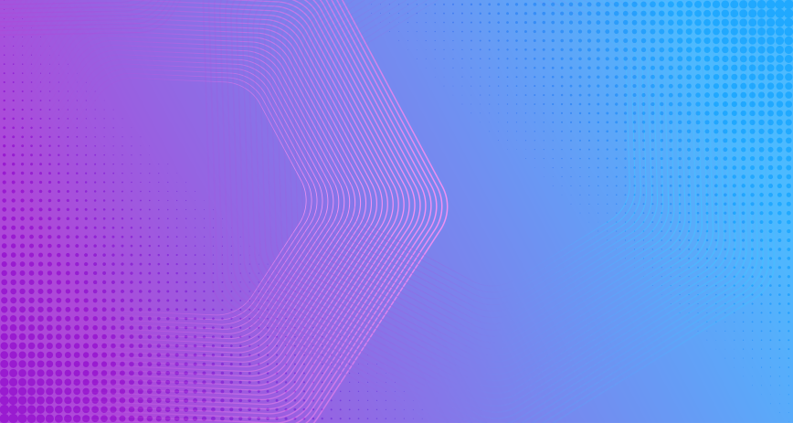 Abstract purple and blue gradient background with curved lines and halftone dots forming a dynamic right-pointing arrow shape.