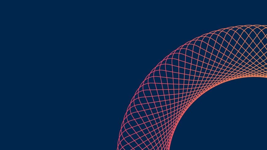 An abstract, curved geometric lattice composed of intersecting salmon-colored lines forming a mesh-like ring on a solid dark blue background.