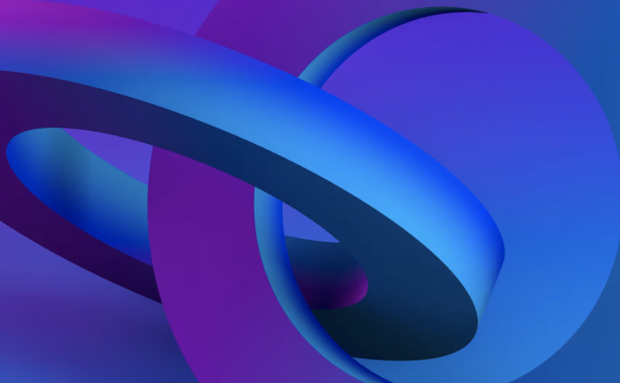 Abstract 3D illustration featuring interlocking blue and purple rings with smooth gradients against a matching blue background.