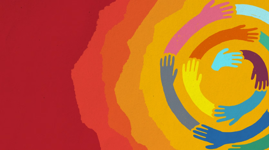 A colorful, textured illustration featuring various stylized hands reaching inward to form a spiral.