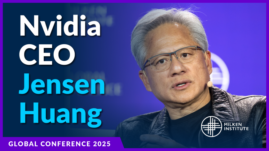 Nvidia CEO Jensen Huang speaking at a conference against a purple background