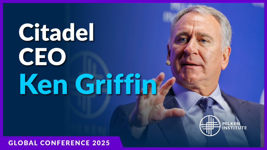 Citadel CEO Ken Griffin speaking at Global Conference 2025 against purple and blue gradient background