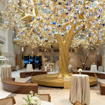 Daylit seating beneath the golden Dream Tree in the Hall of Generations