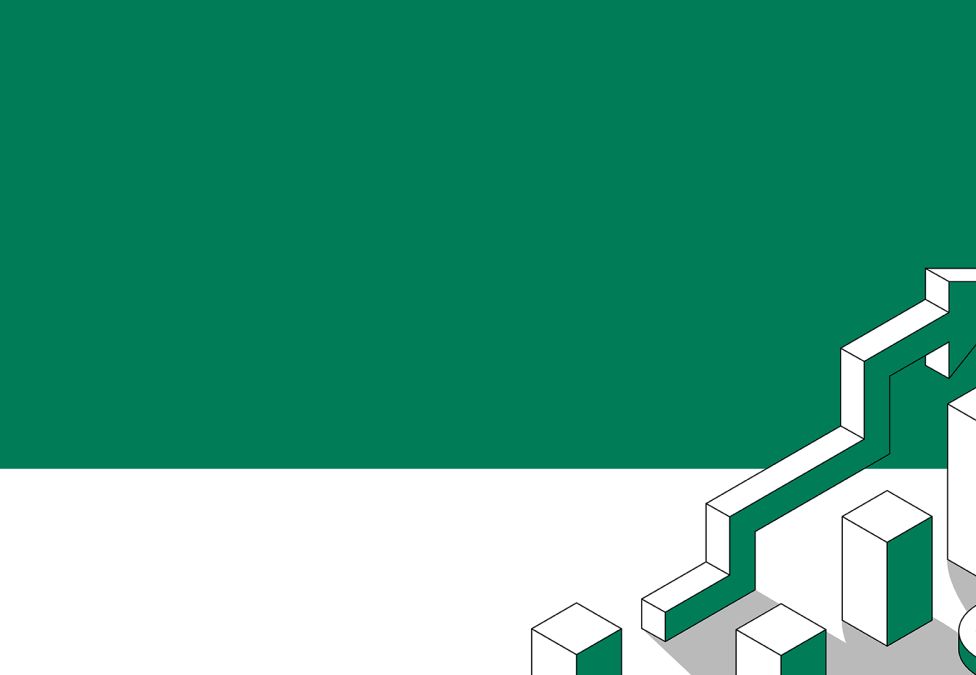 Green and white graphic depicting an upward trending graph