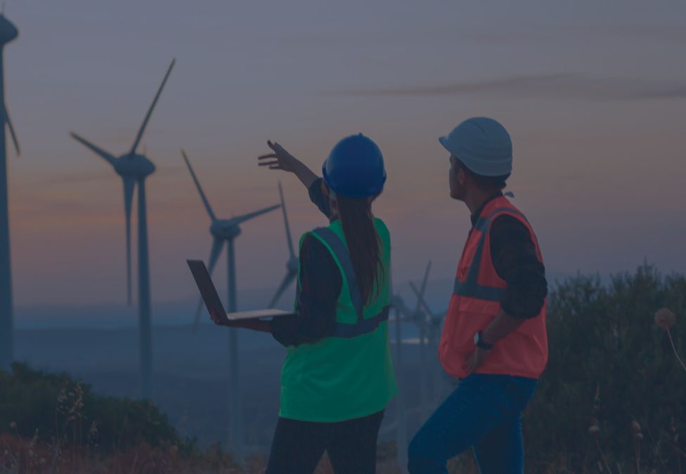 Two workers observe wind turbines