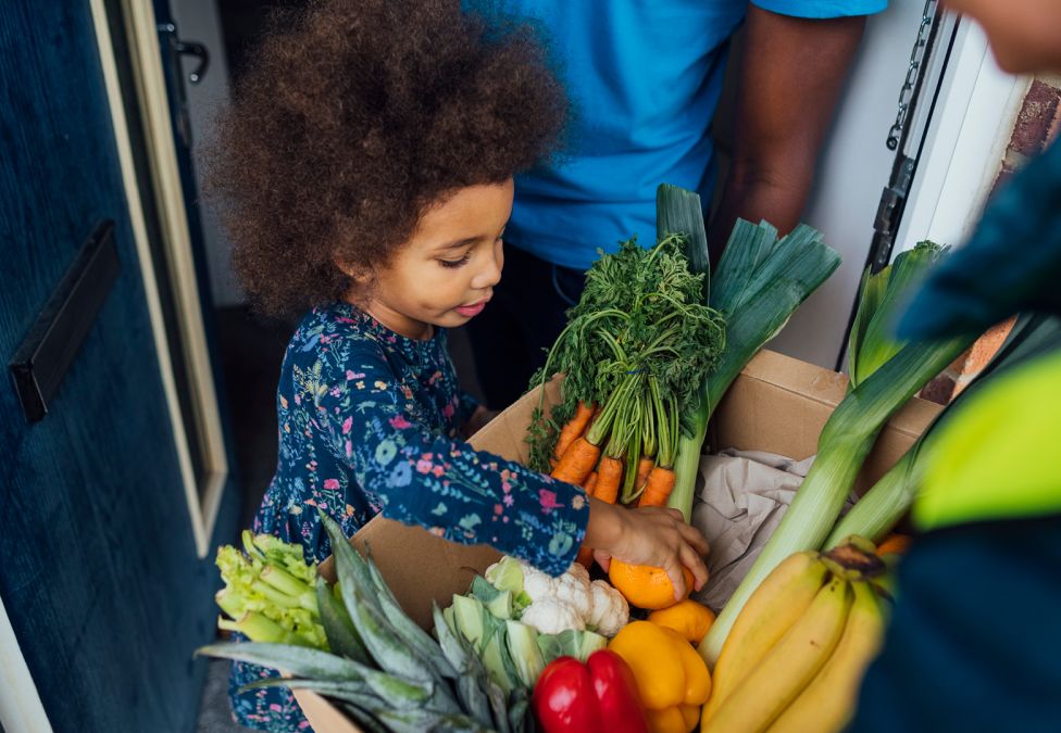 young girl going through grocery basket