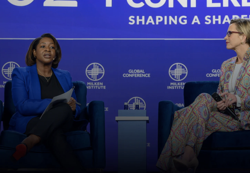 Esther Krofah, executive vice president of Milken Institute Health, (pictured at left) with Emma Walmsley, CEO of GSK, (right) at the 2024 Milken Institute Global Conference.