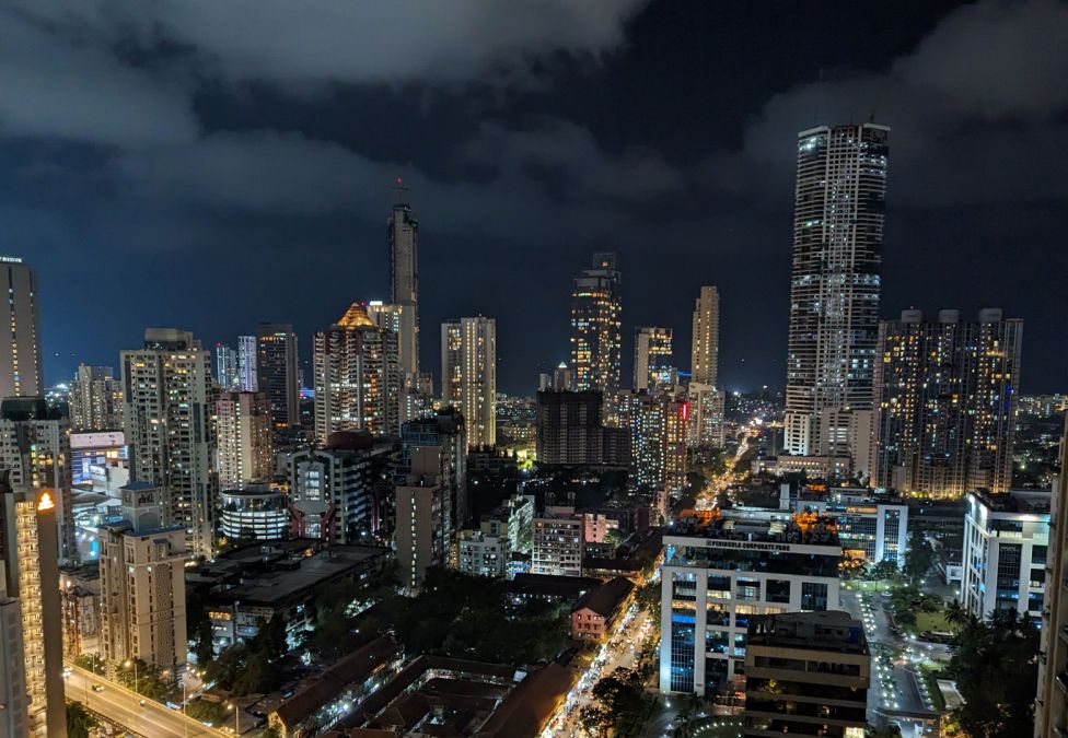 A cityscape at night.