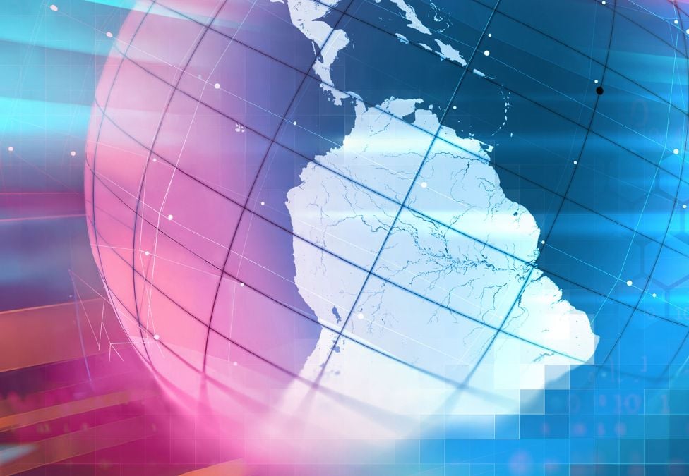 A blue and pink abstract ombre graphic of the Earth.
