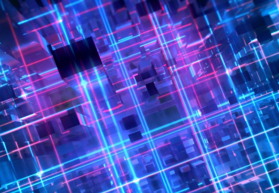 A graphic of various blue and purple lines staggered in a three-dimensional way to signify tech.