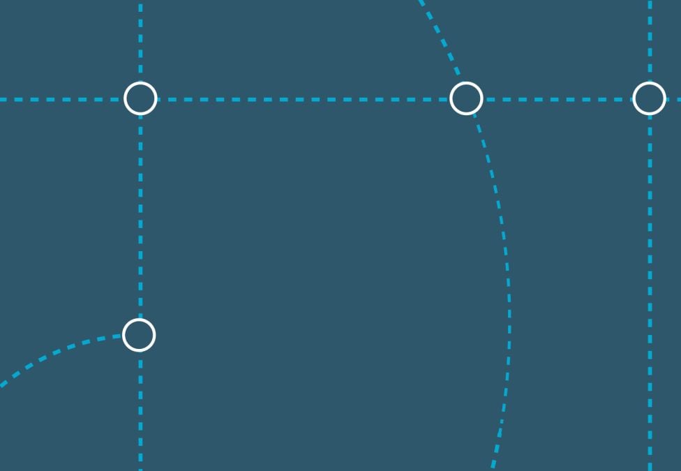 Abstract digital illustration of a connected network, featuring curved and straight dotted lines intersecting at circular nodes on a blue background—symbolizing connectivity, care coordination, and technology integration in aging and home health systems.