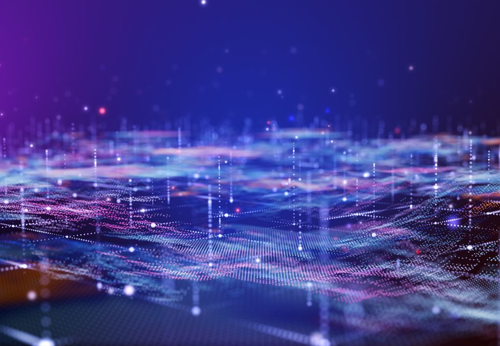 A graphic and header image leading to an article titled "AI and the Future of the American Dream" by David Levy. The graphic shows abstract blue and purple ombre colors with various three dimensional white lines and dashes, indicating technology.