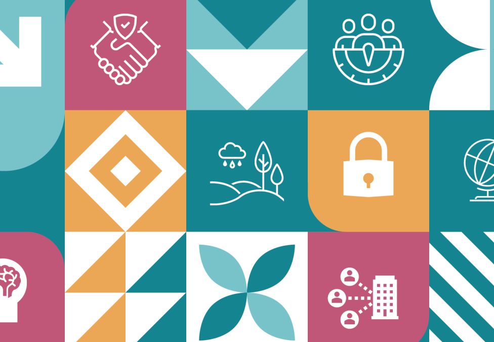 A graphic with various pink, blue, and orange squares and white icons on top of the squares. Icons include a globe, a brain, a lock, and more.