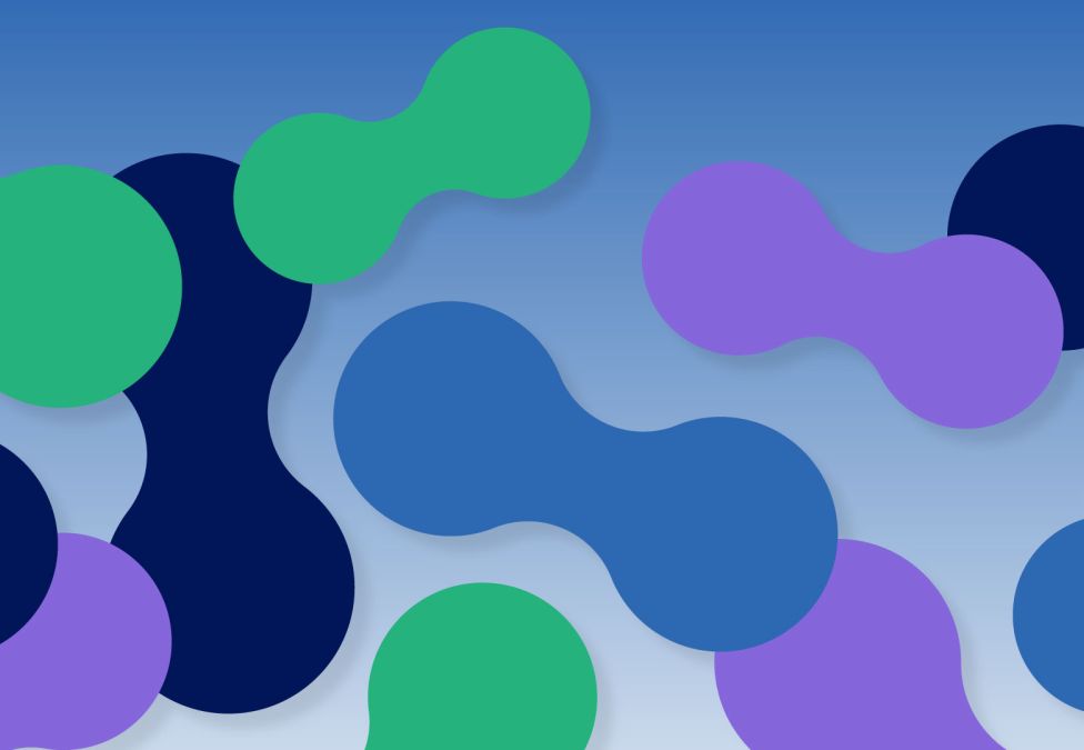 An abstract graphic of various blob like shapes of green, dark blue, light blue, and purple against a blue gradient background.