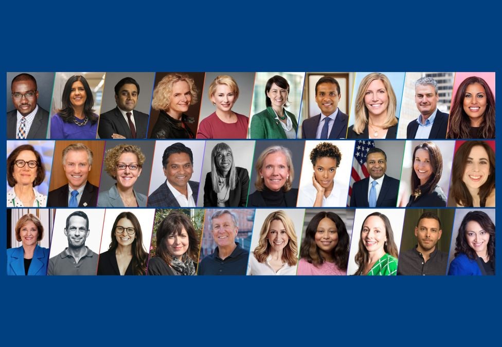 Collage of professional headshots featuring a diverse group of executives and leaders, arranged in rows against a blue background. The image represents participants in the Milken Institute’s Employer Action Exchange, highlighting collective expertise and reflections on advancing whole-person health to build resilient, forward-thinking businesses.