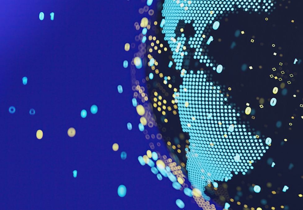 An abstract graphic of a portion of the Earth made up of various light blue and blue-black large pixels on a dark blue background, with varying large dots and pixels overlaying the image. This image leads to an Insights Article from the Milken Institute titled "Global Digital Asset Adoption: Latin America".