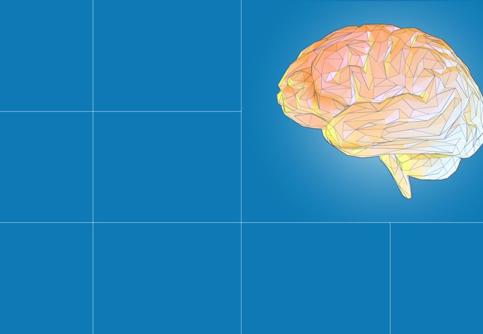 A graphic of a blue grid background and a brain in the right-hand corner, leading to an article about dementia care.