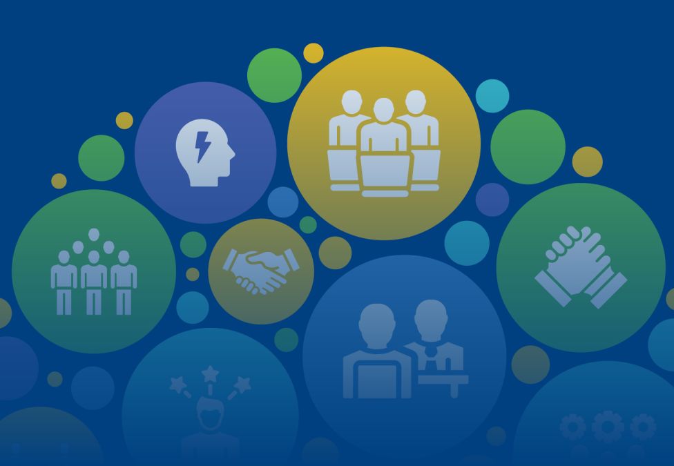 An abstract graphic against a blue background of varying white business-related icons inside of colorful circles.