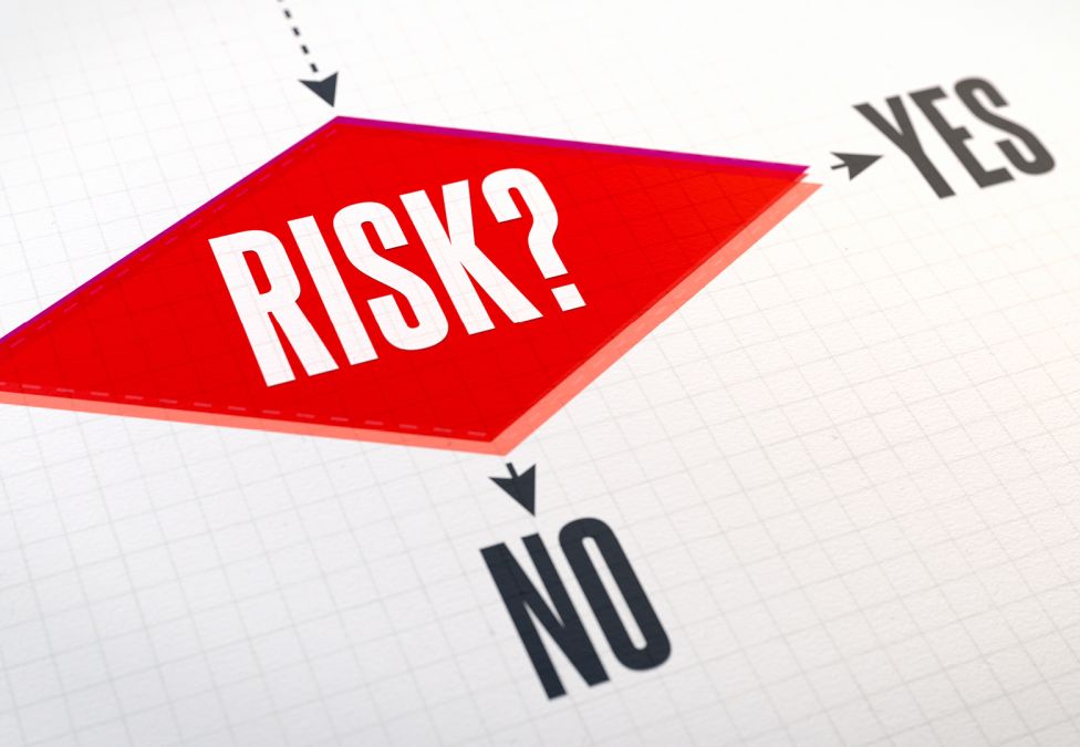 Red diamond-shaped graphic with the word “RISK?” in bold white letters, connected by arrows to the words “YES” on the right and “NO” below, on a white grid-patterned background.