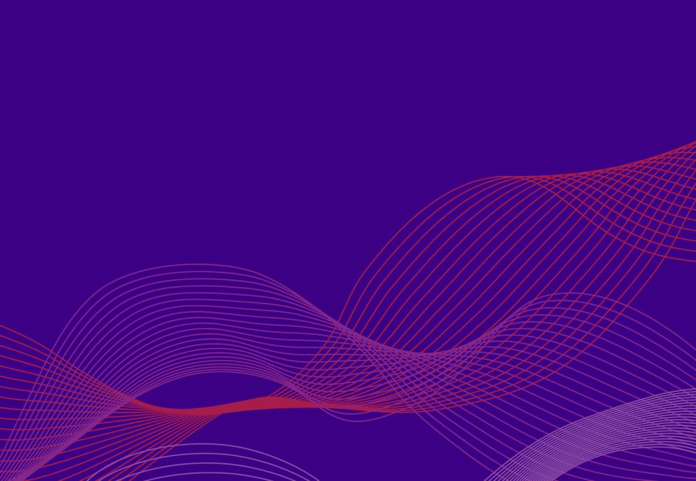Abstract digital background with purple base and flowing curved lines in red and violet gradients, creating a wave-like motion across the bottom.