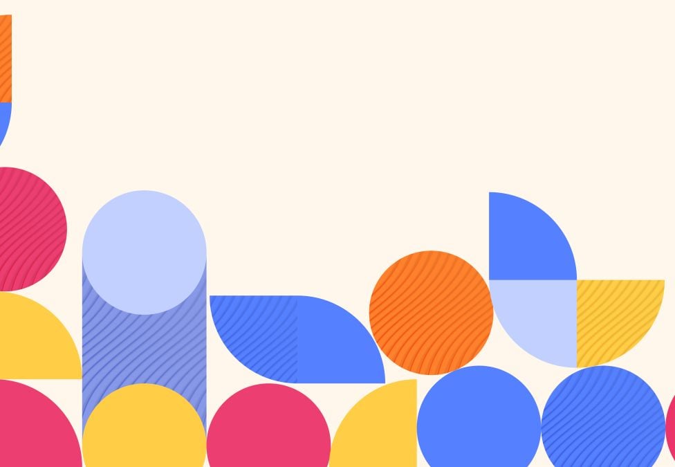 Abstract background with colorful geometric shapes including circles, semicircles, and rectangles in bright blue, orange, yellow, pink, and light purple on a cream background.
