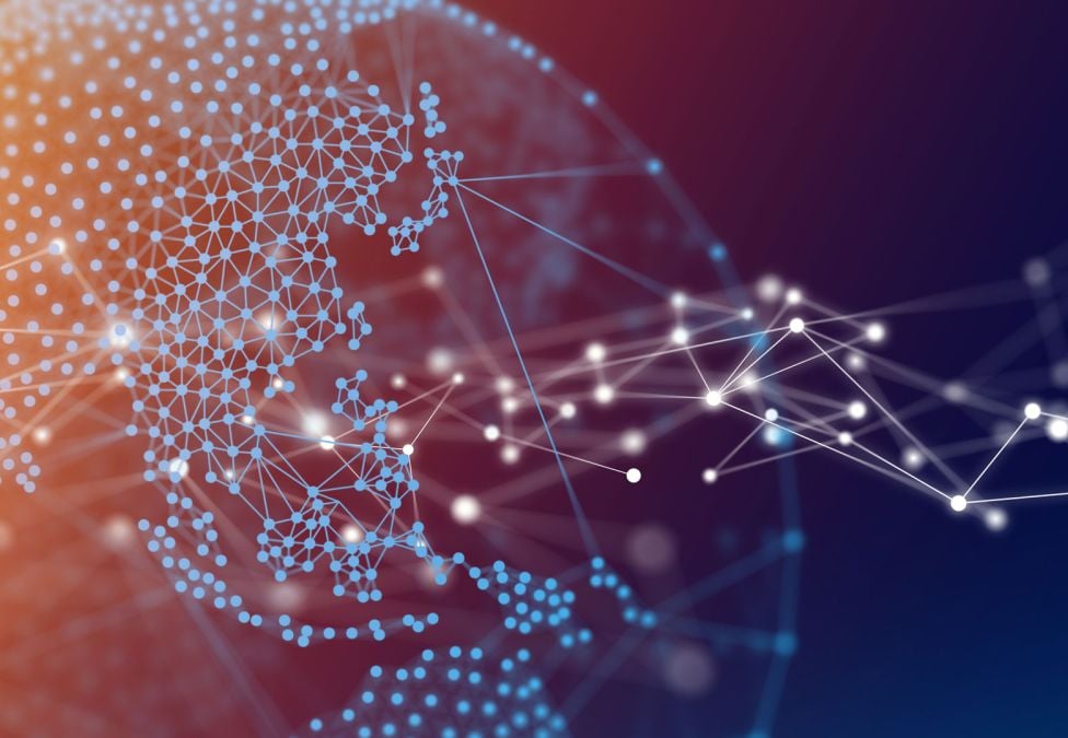 Stylized digital rendering of a globe with interconnected points and lines, symbolizing global communication and technology networks.
