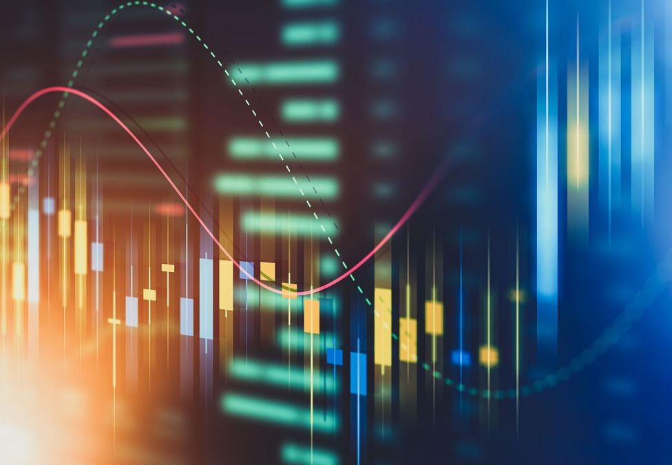 Abstract graphic of colorful financial data lines and bar charts, symbolizing stock market or economic trends.