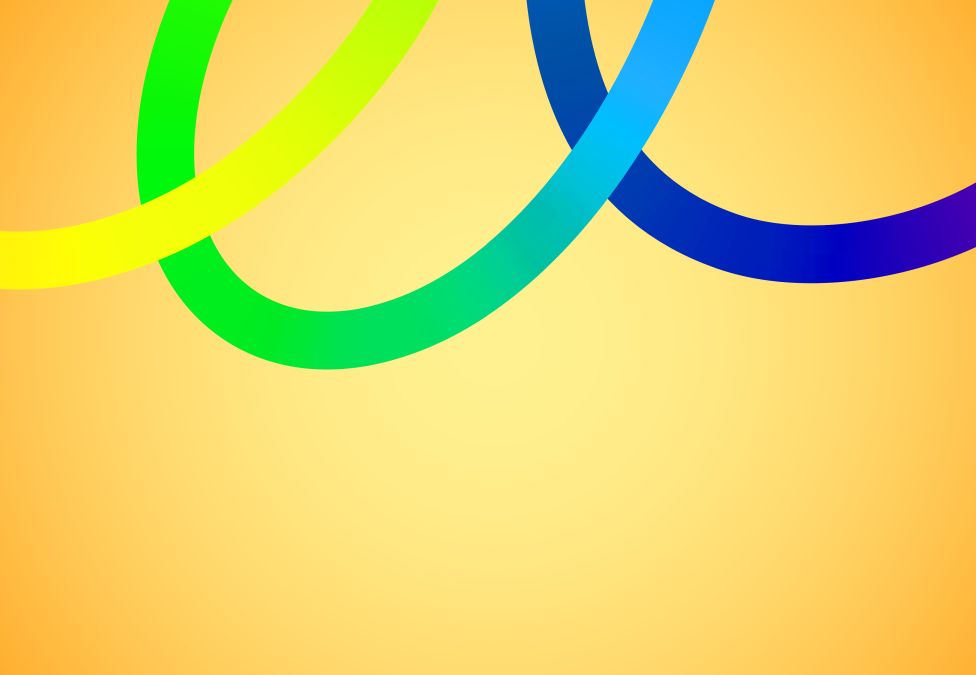 Abstract design with colorful curved ribbons in shades of blue, green, and yellow over a warm orange gradient background.