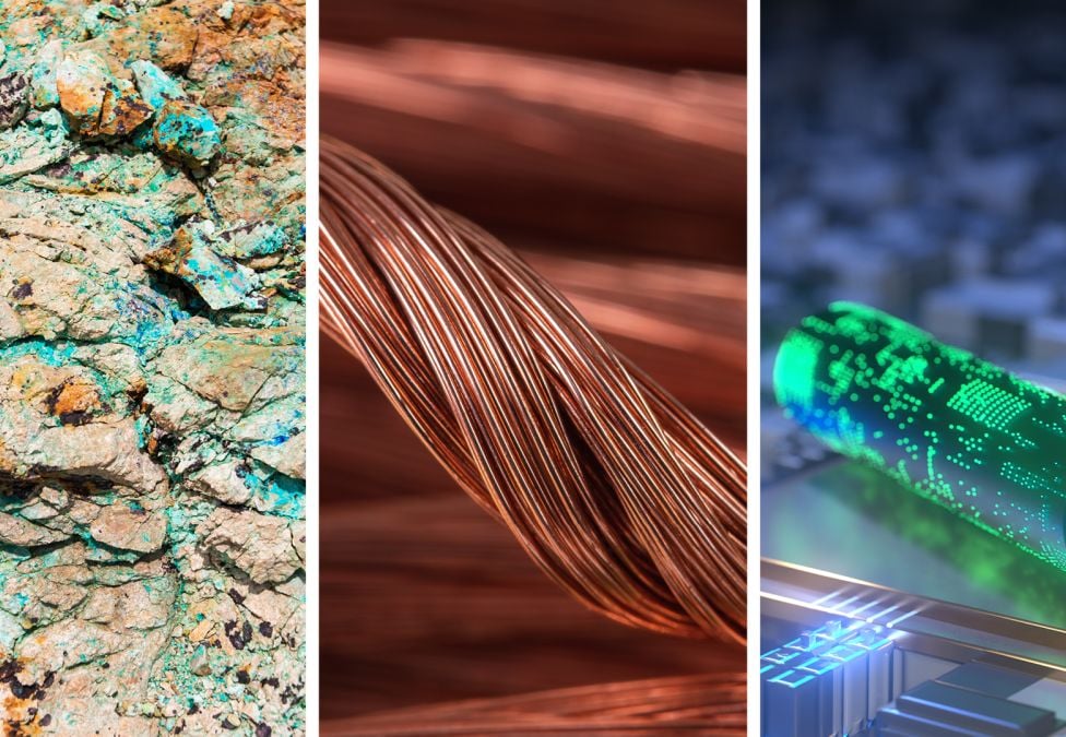 Composite image illustrating the lifecycle of critical minerals, featuring raw copper ore with turquoise deposits, polished copper wiring, and a futuristic glowing battery resting on a circuit board.