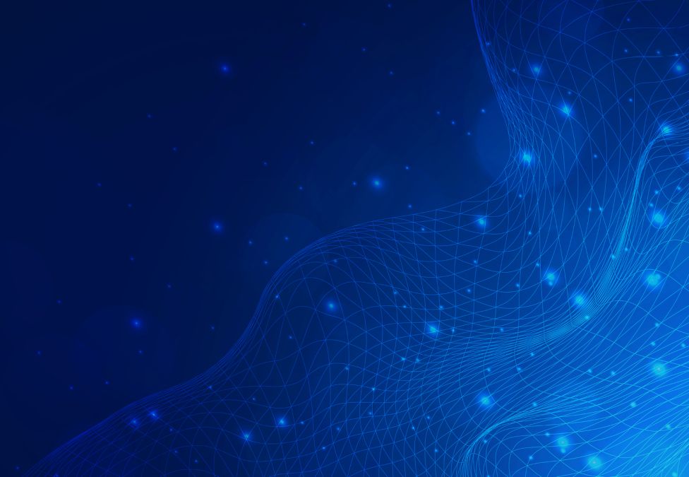 Abstract blue digital wave with glowing dots and grid lines on a dark background.