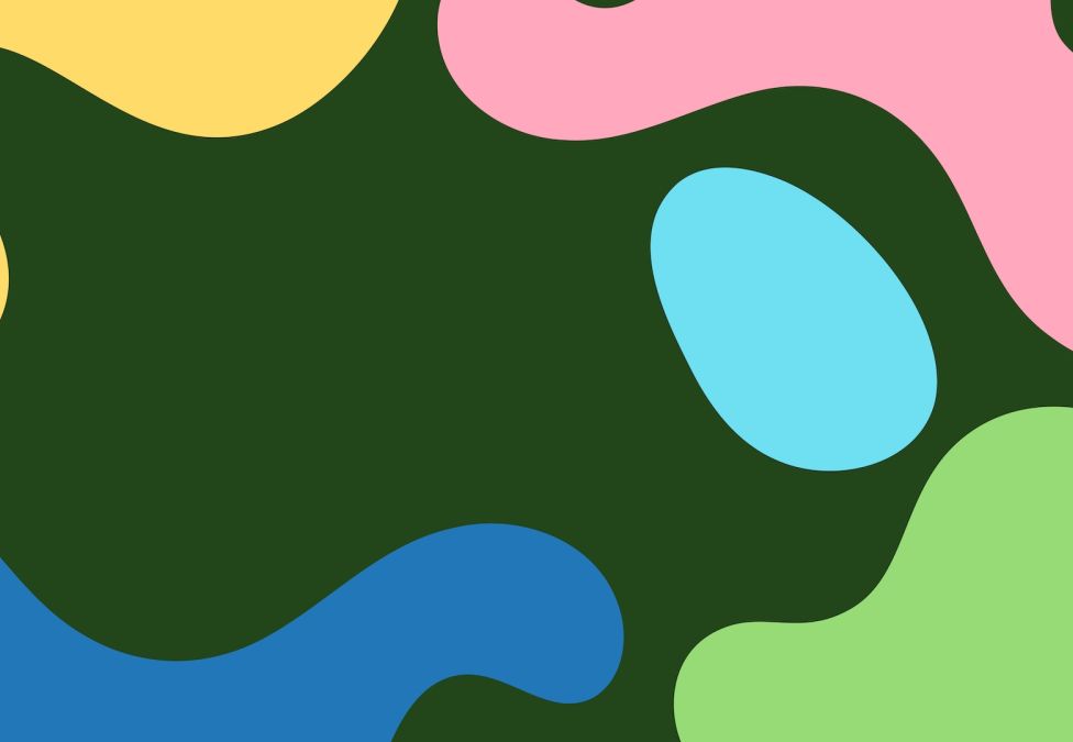 Abstract graphic with a dark green center surrounded by organic, blob-like shapes in yellow, pink, blue, and green.