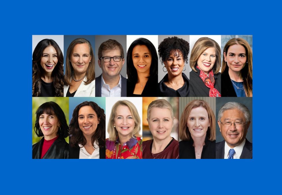 Collage of twelve professional headshots featuring diverse men and women, arranged in two rows on a bright blue background.