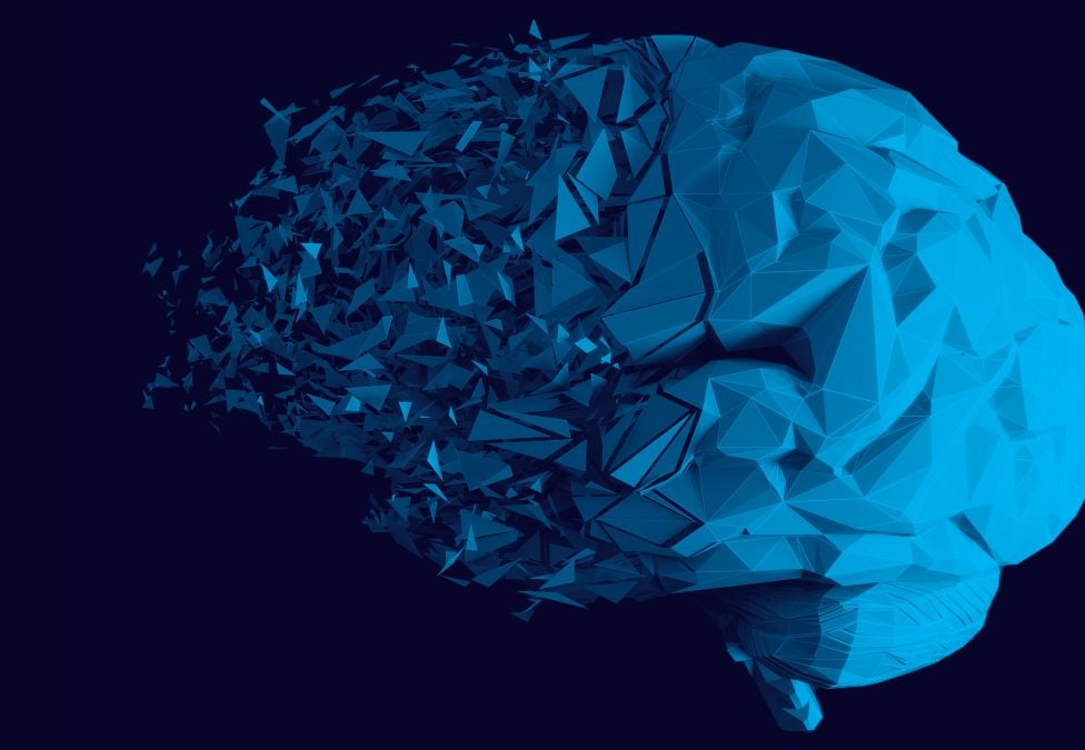 Abstract blue polygonal illustration of a human brain, with the left side breaking apart into scattered geometric fragments, symbolizing memory loss and degeneration.