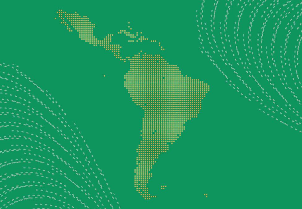 Stylized map of Latin America and the Caribbean made up of small yellow squares on a green background, with white dotted wave patterns on the left and right sides.